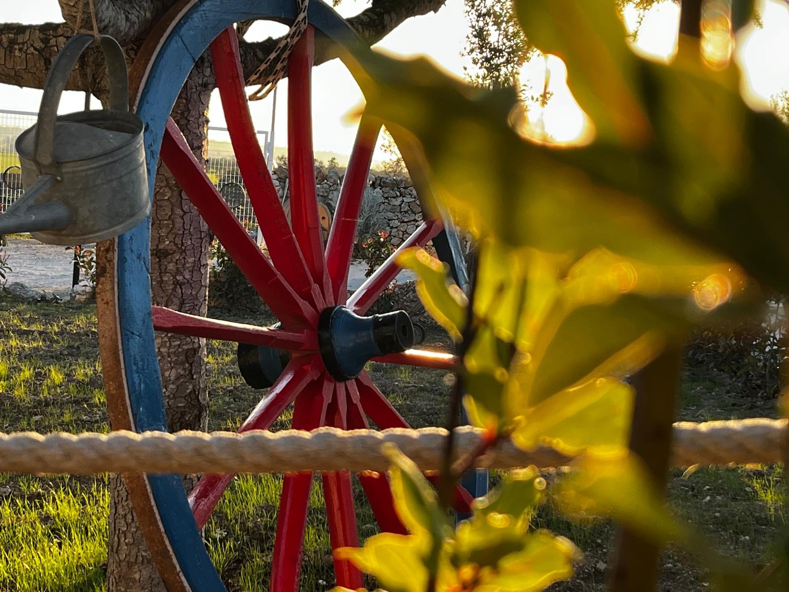 Dettaglio rustico di una ruota decorativa al tramonto